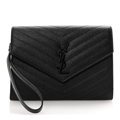 Saint Laurent Grain De Poudre Matelasse Chevron Monogram Monochrome Envelope Clutch Black 1 of 7