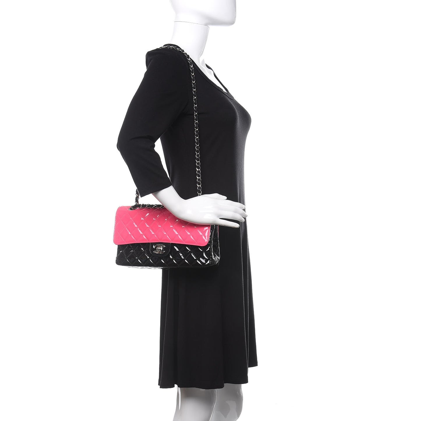 Patent Calfskin Quilted Bi-Color Medium Double Flap Pink Black