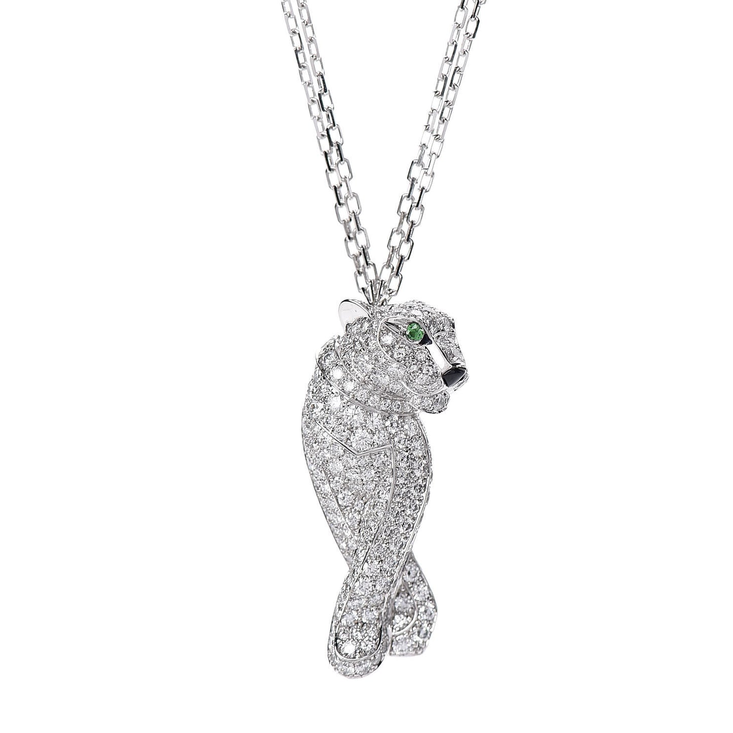 18K White Gold Diamond Onyx Emerald Panthere De Pendant Necklace
