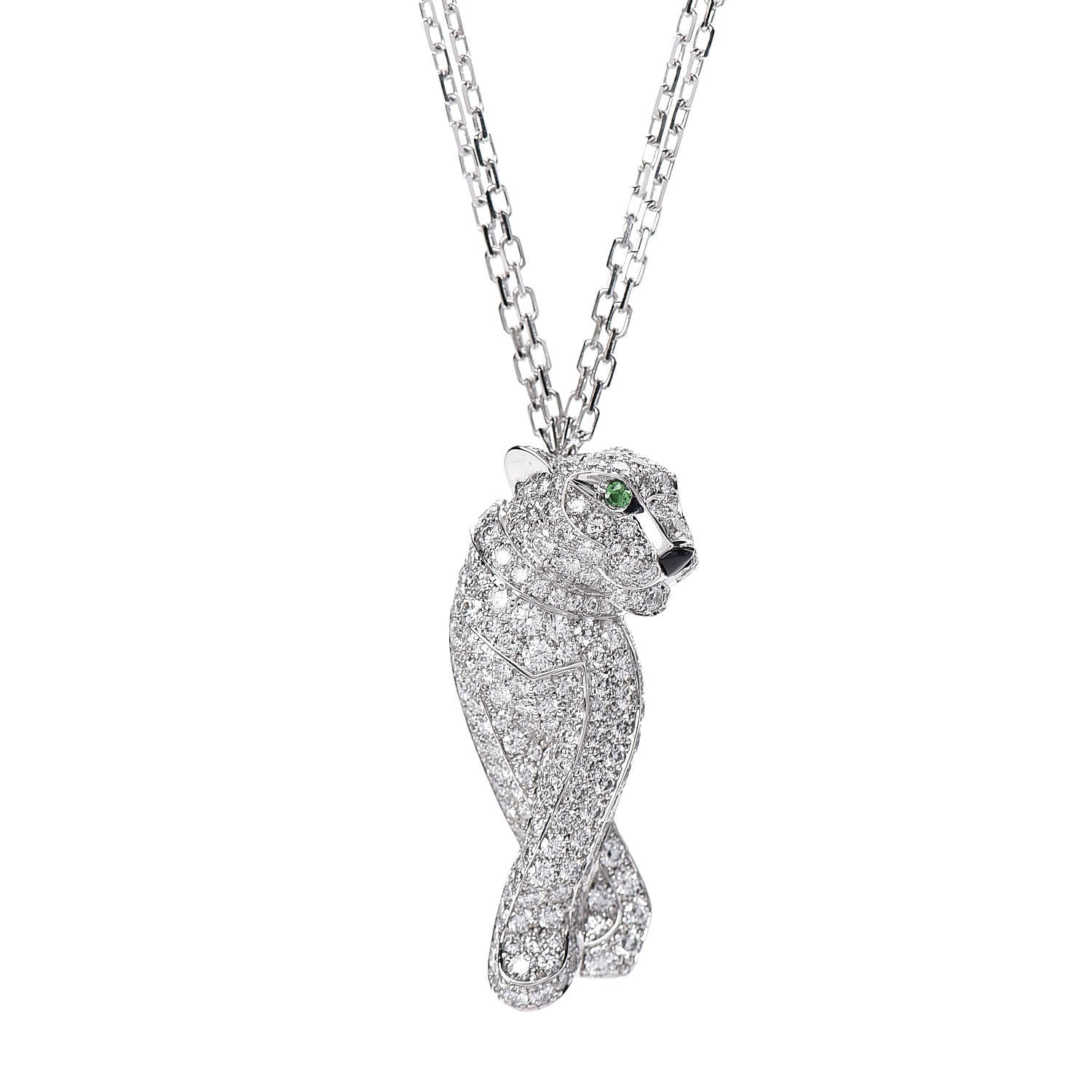 Cartier 18K White Gold Diamond Onyx Emerald Panthere De Pendant Necklace 4 of 7