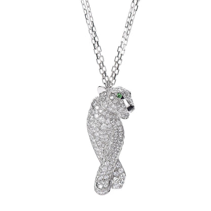 Cartier 18K White Gold Diamond Onyx Emerald Panthere De Pendant Necklace 4 of 7
