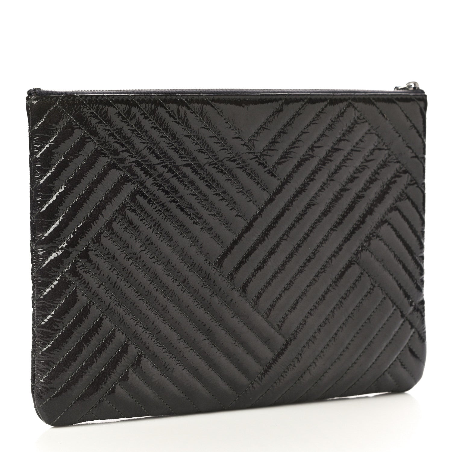 Chanel Distressed Patent Chevron Quilted Medium CC Crossing Cosmetic Case Black 3 of 12