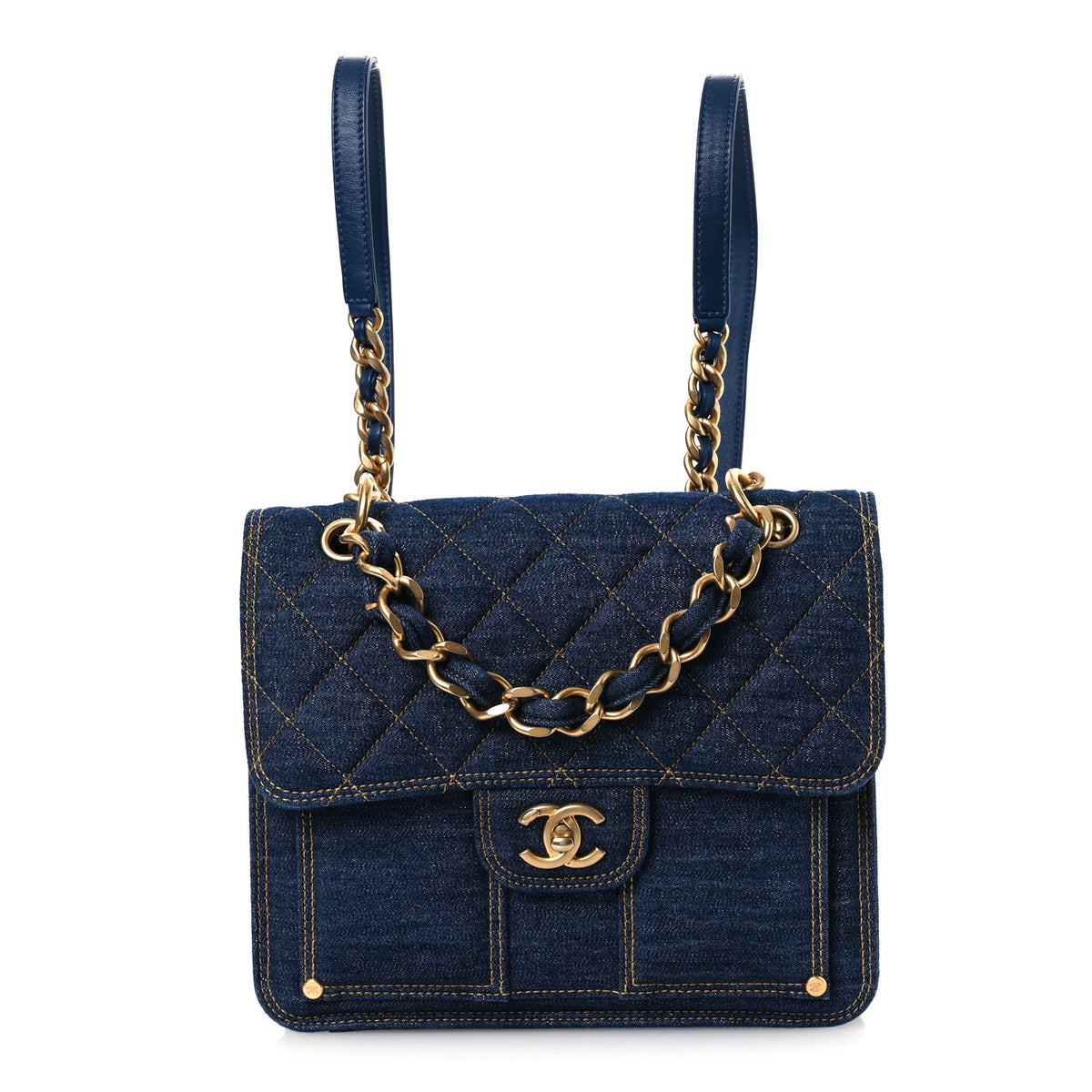 Chanel Denim Quilted Double You Backpack Blue Golden 1 of 12