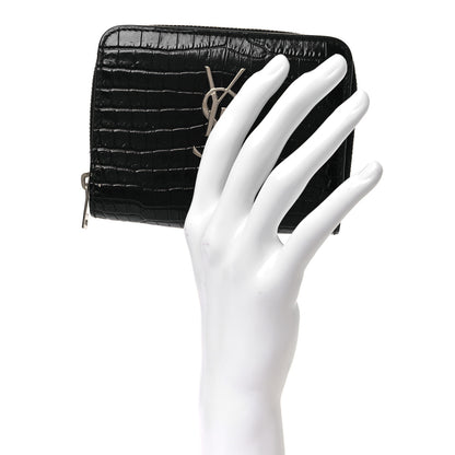 Saint Laurent Calfskin Crocodile Embossed Monogram Compact Wallet Black 2 of 9