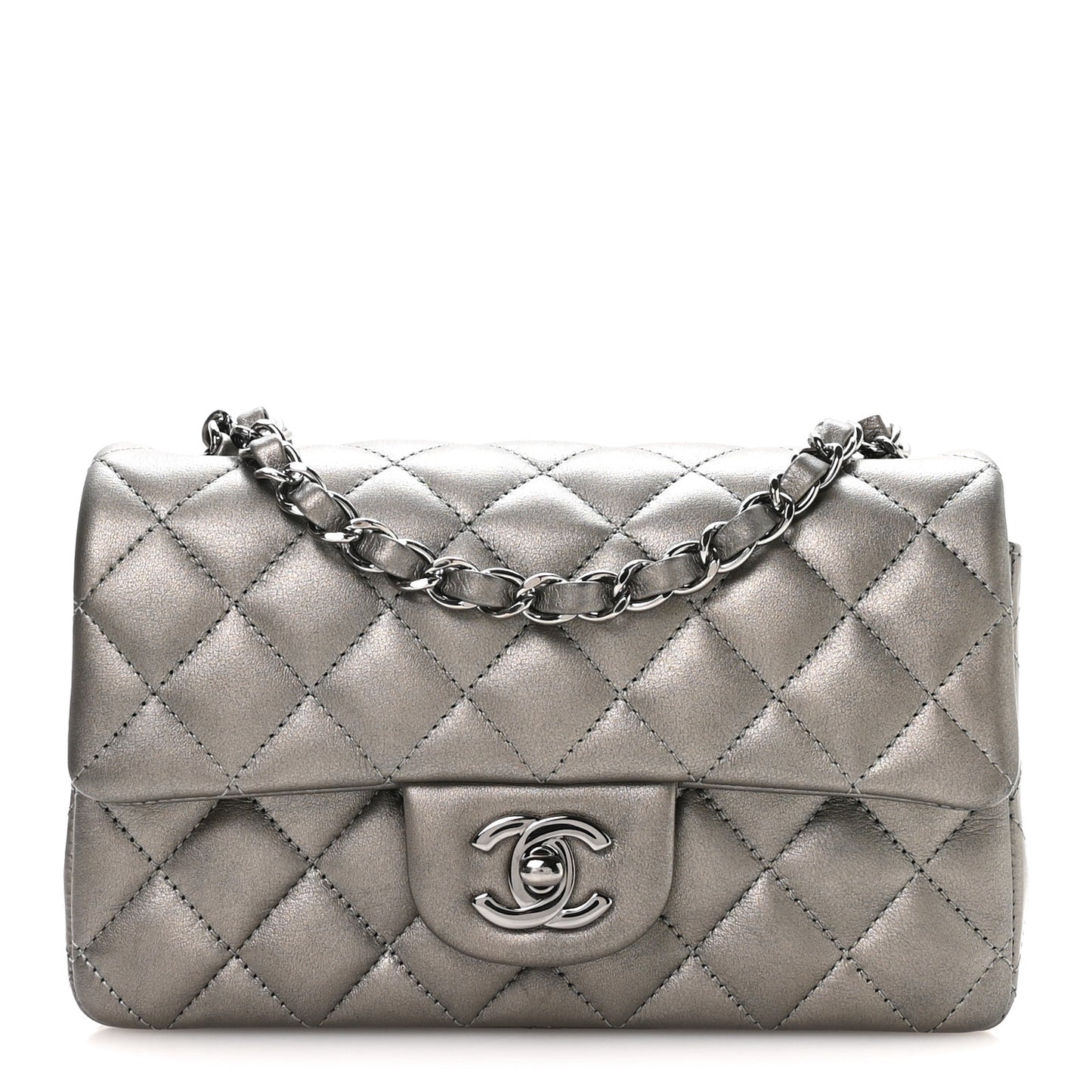 Metallic Lambskin Quilted Mini Rectangular Flap Silver
