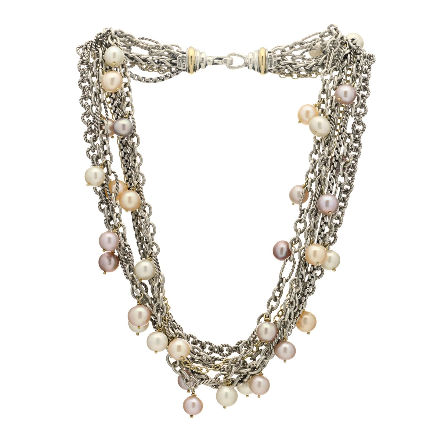 Sterling Silver 18K Yellow Gold Pearl 8-8.5mm Multi Strand Chain Necklace