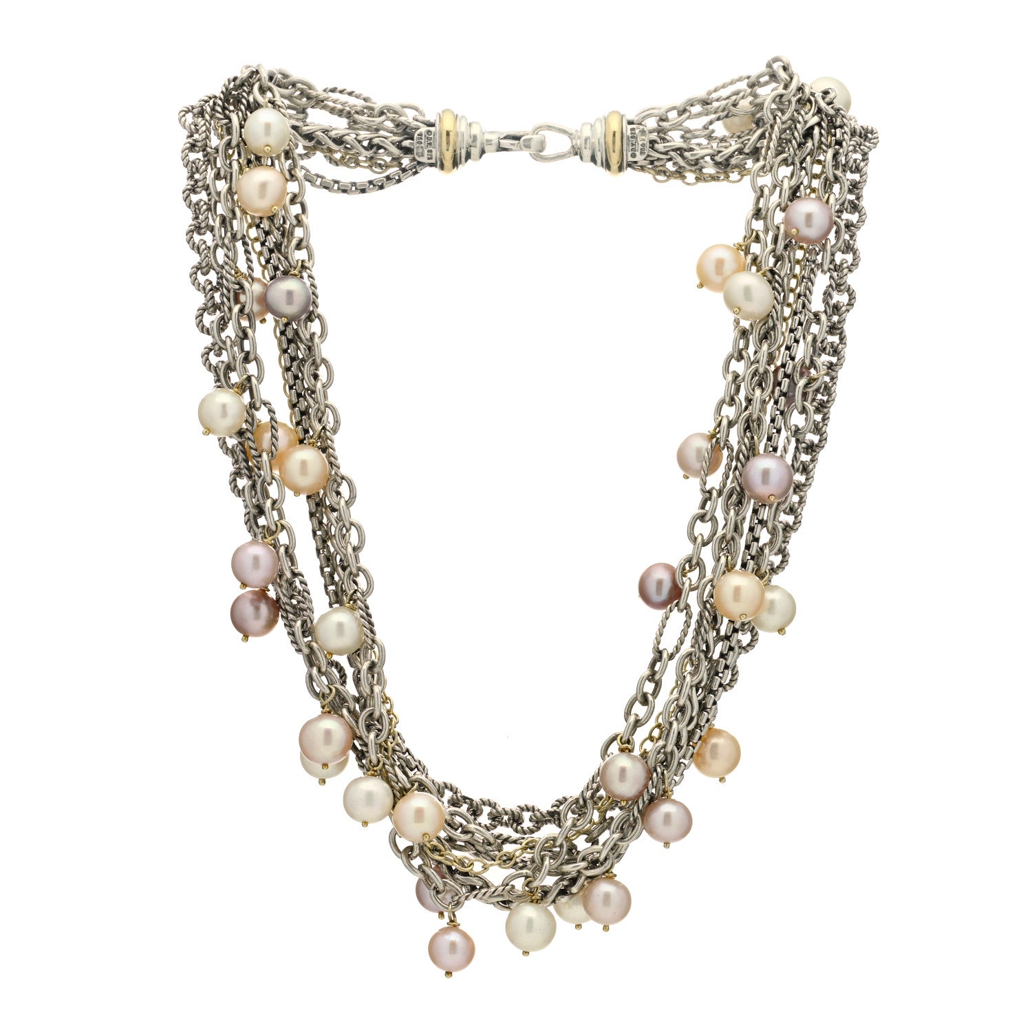 David Yurman Sterling Silver 18K Yellow Gold Pearl 8-8.5mm Multi Strand Chain Necklace 3 of 5