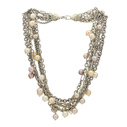 David Yurman Sterling Silver 18K Yellow Gold Pearl 8-8.5mm Multi Strand Chain Necklace 3 of 5