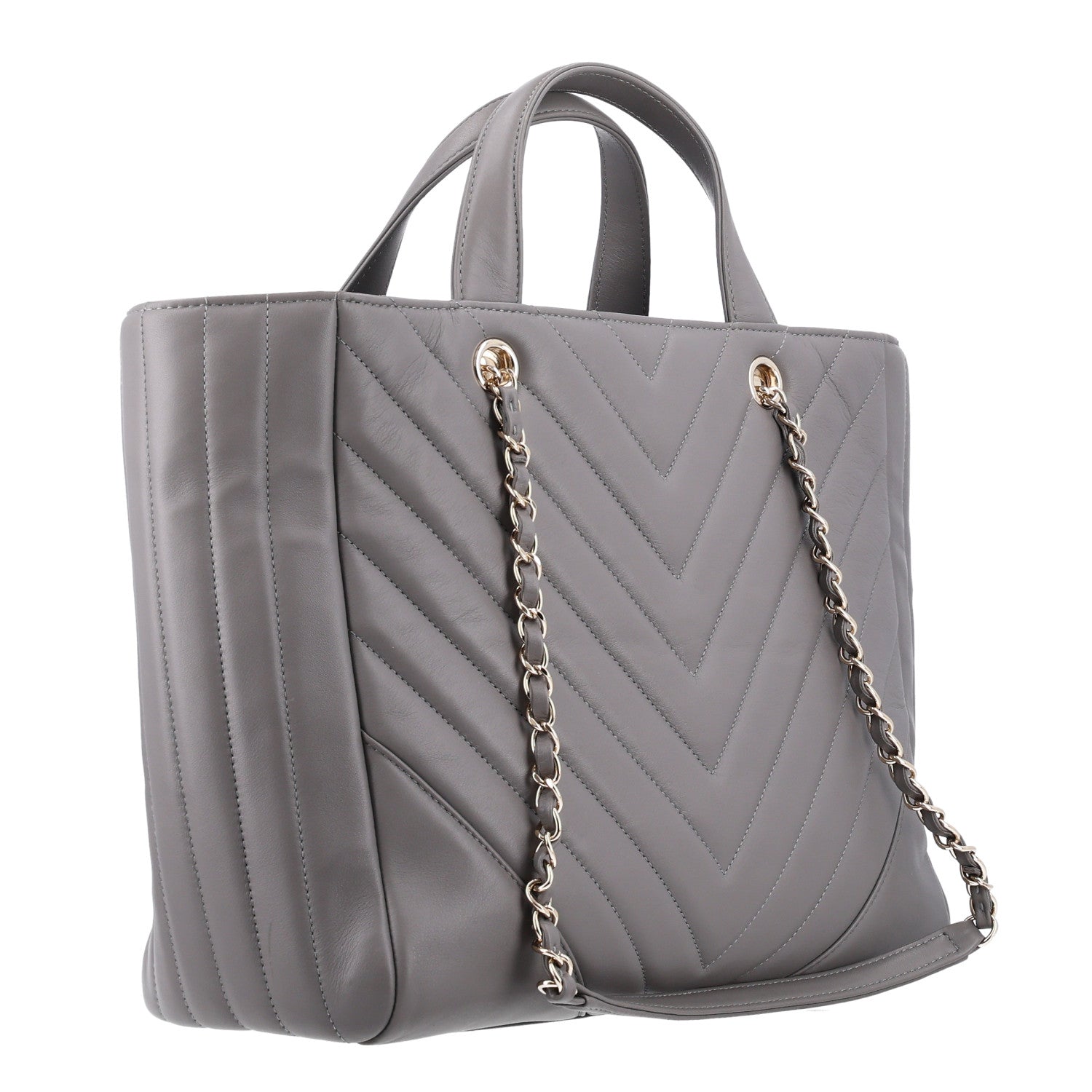 Chanel Aged Calfskin Chevron Quilted Large Classic Shopping Tote Grey 3 of 10