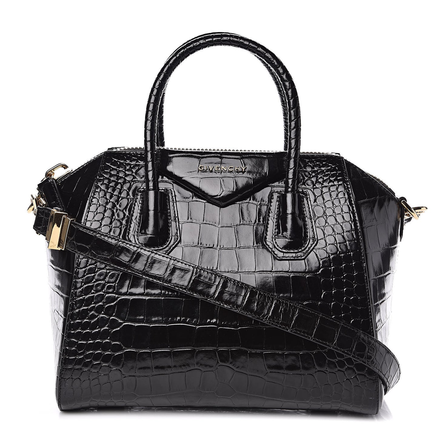 Calfskin Crocodile Embossed Small Antigona Black
