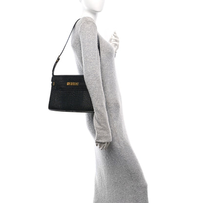 Saint Laurent Shiny Calfskin Crocodile Embossed Manhattan Baguette Black 2 of 10