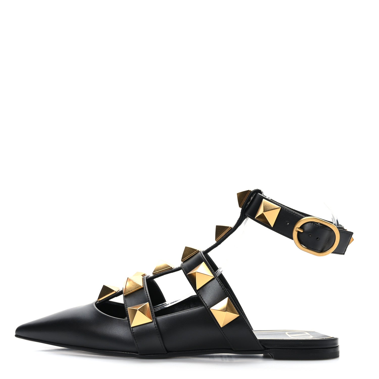 Valentino Garavani Calfskin Roman Stud Ankle Strap Flat Mules 38.5 Black 1 of 8