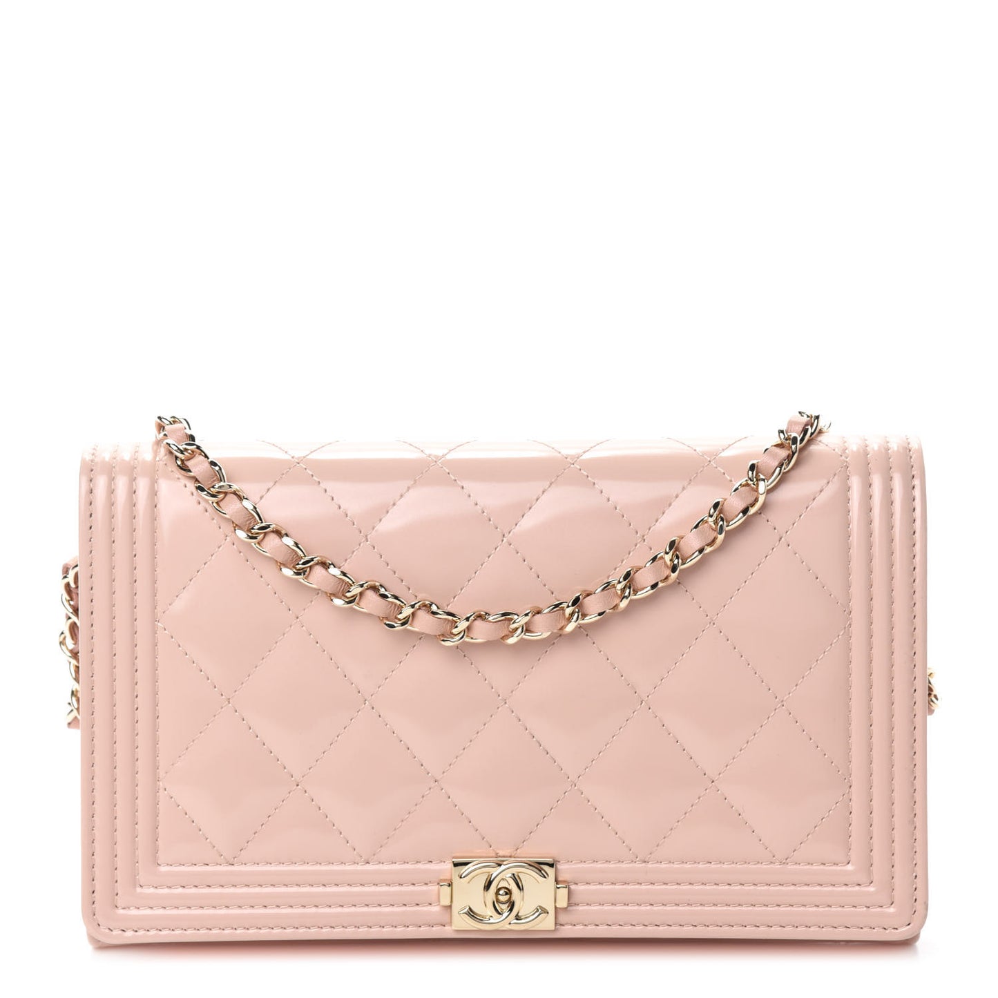 Iridescent Calfskin Quilted Boy Wallet on Removable Chain Light Pink