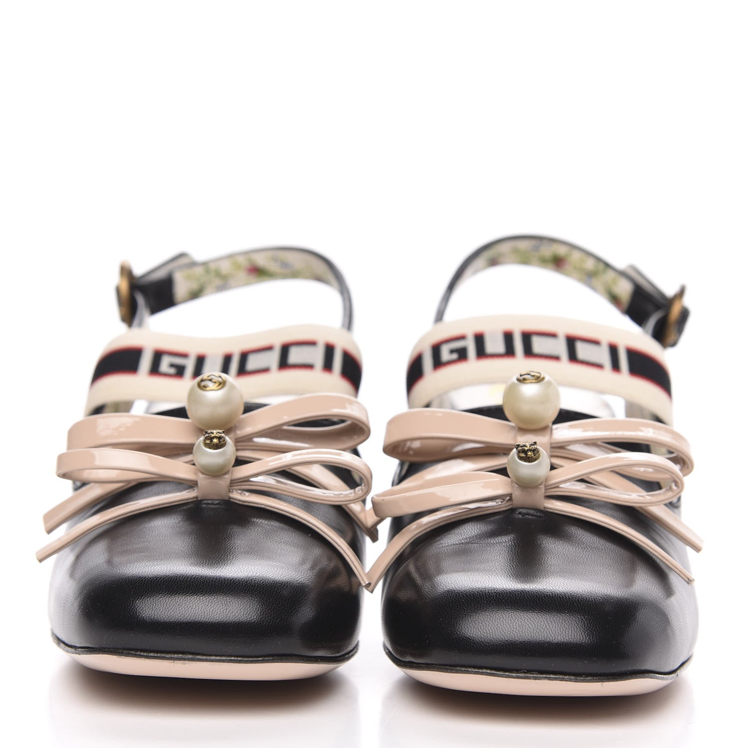Gucci Malaga Kid Bow Ace Stripe Mid Heel Slingback Pumps 36.5 Black 2 of 9
