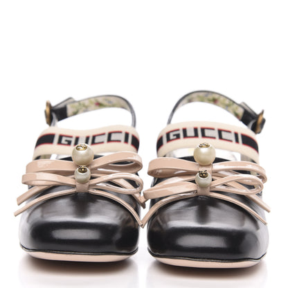 Gucci Malaga Kid Bow Ace Stripe Mid Heel Slingback Pumps 36.5 Black 2 of 9