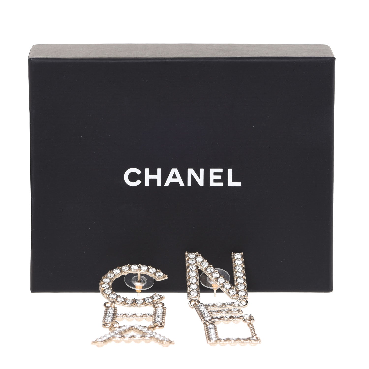 Chanel Crystal Cha-Nel Logo Drop Earrings Gold 5 of 5