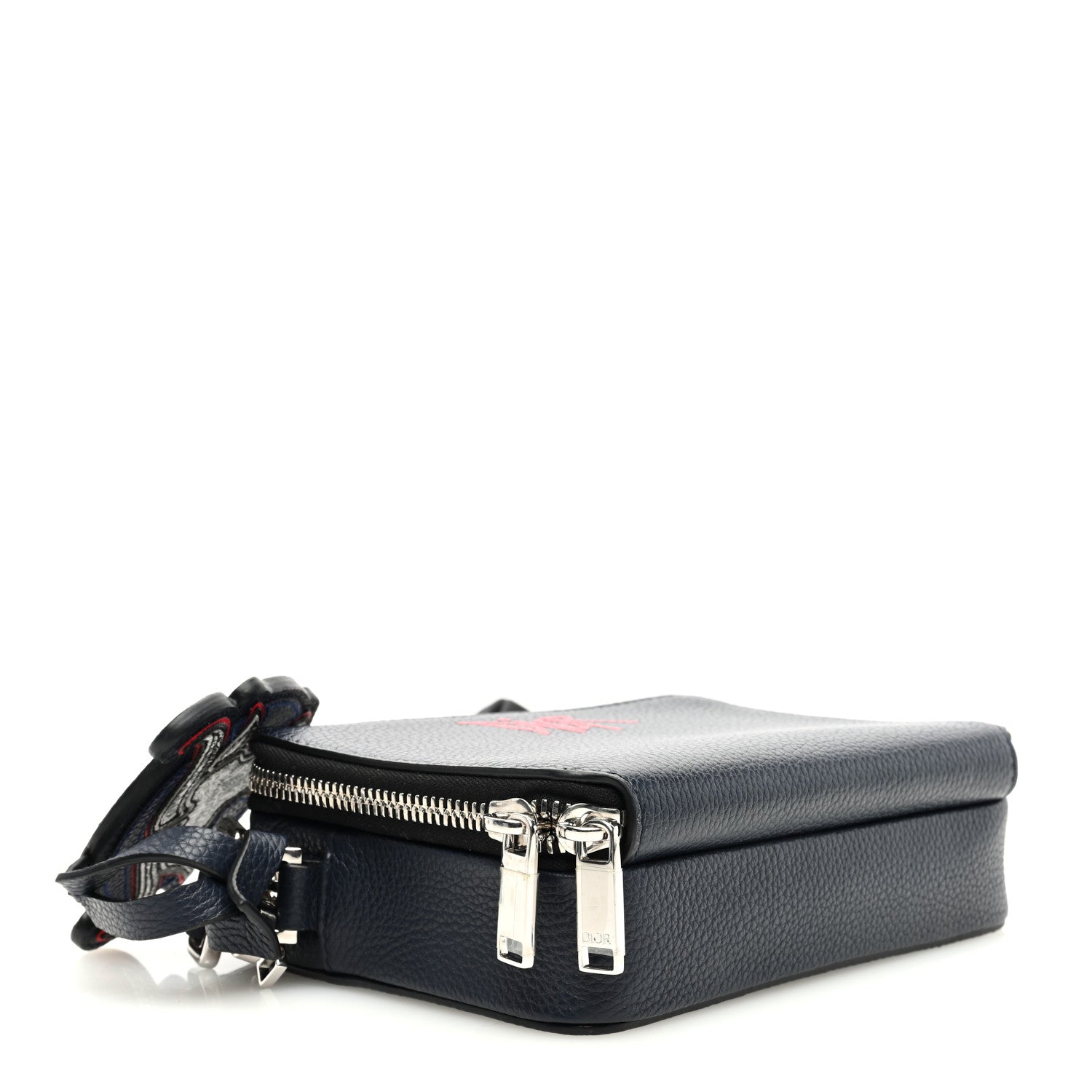 Christian Dior X SHAWN STUSSY Grained Calfskin Ox Head Crossbody Double Zip Crossbody Pouch Navy Blue 4 of 9