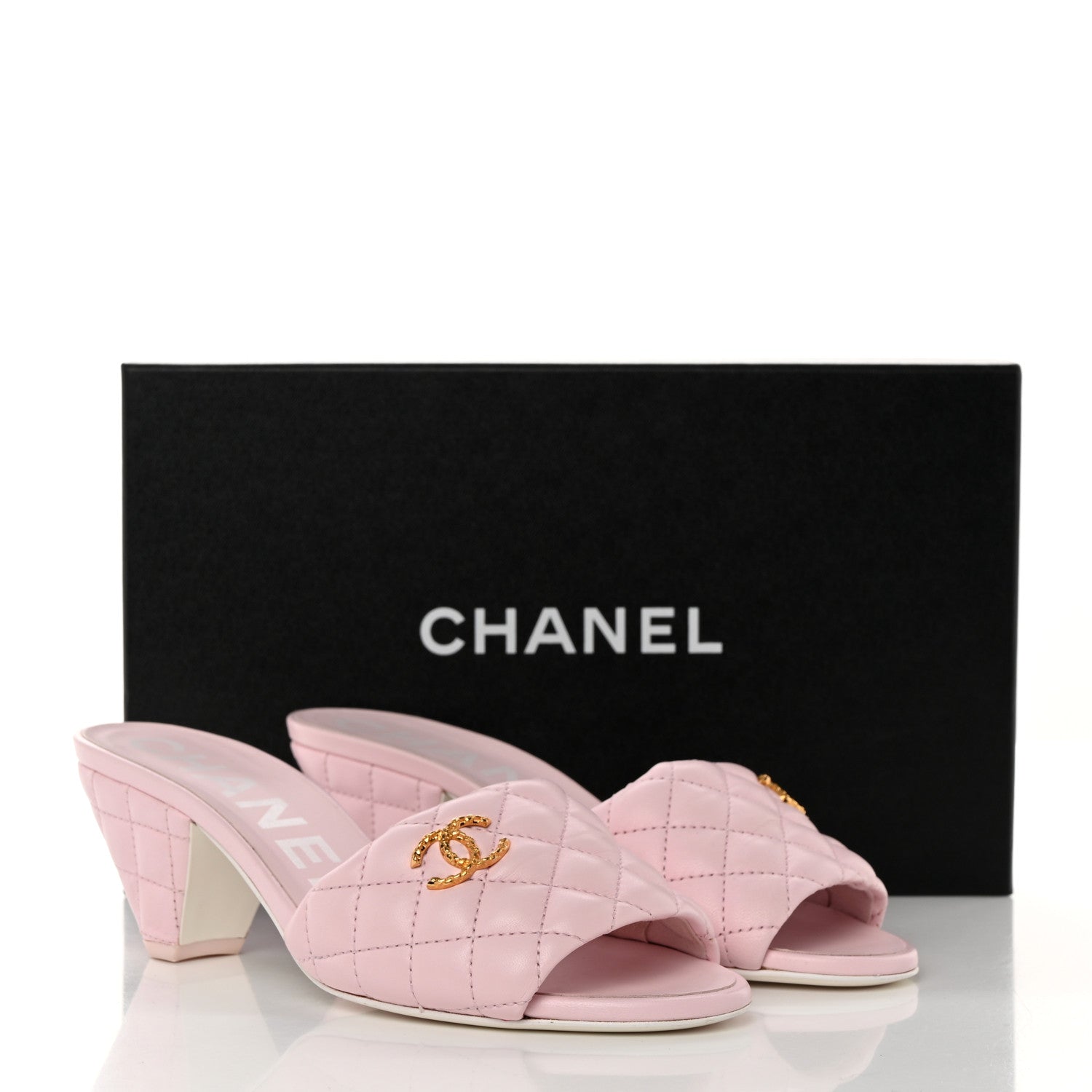 Chanel Lambskin Quilted Textured CC Mules 37 Light Pink 9 of 9