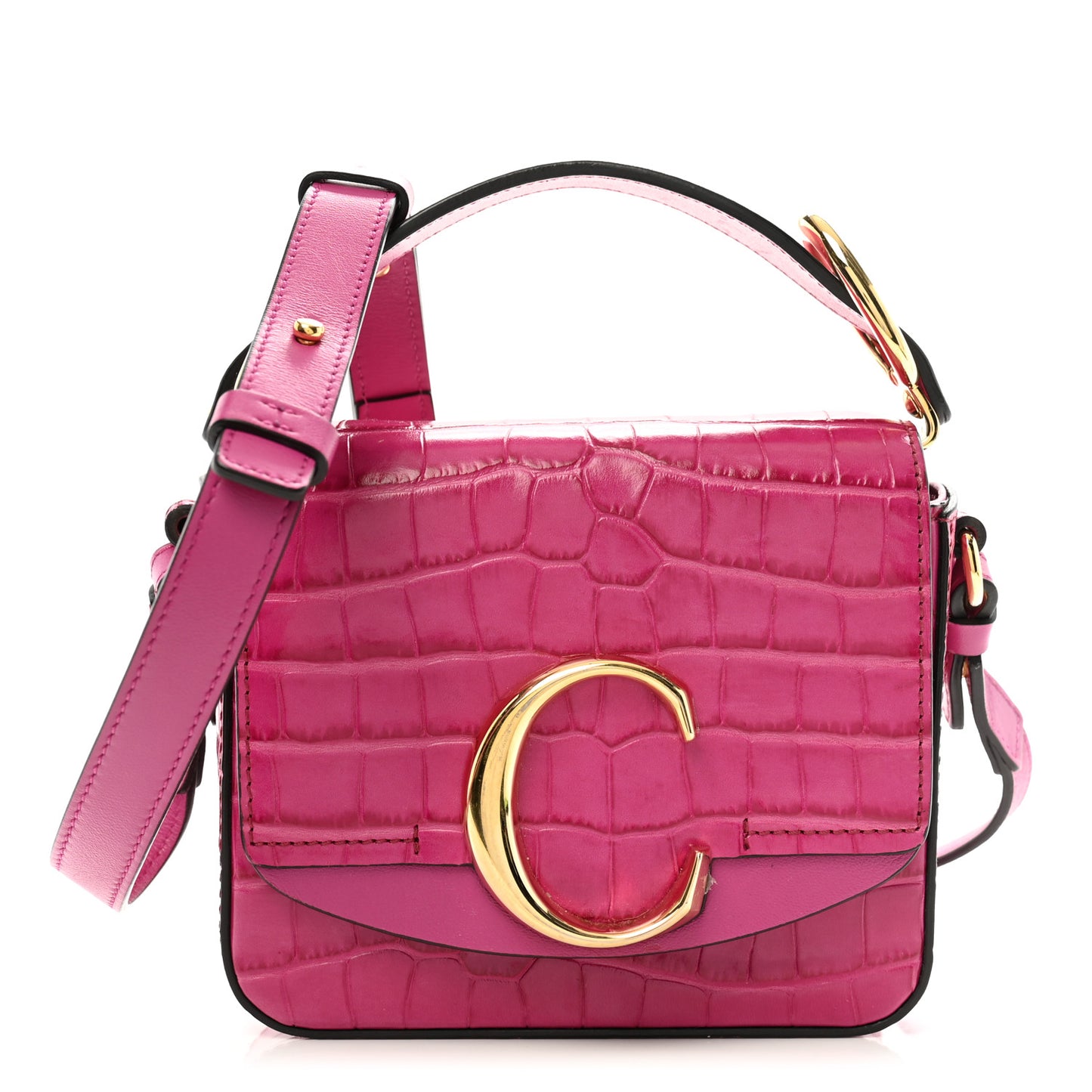 Calfskin Crocodile Embossed Mini C Double Carry Graphic Pink