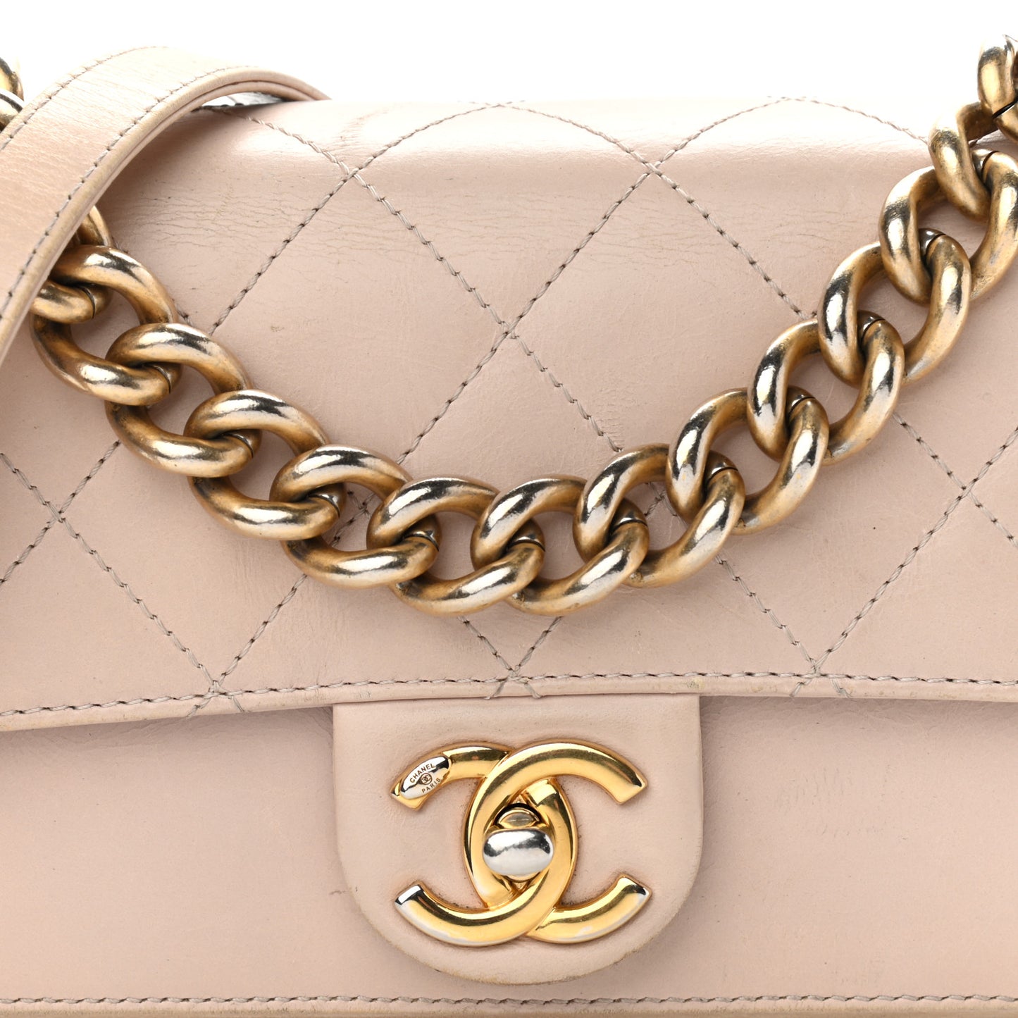 Glazed Calfskin Quilted Mini Straight Lined Flap Beige