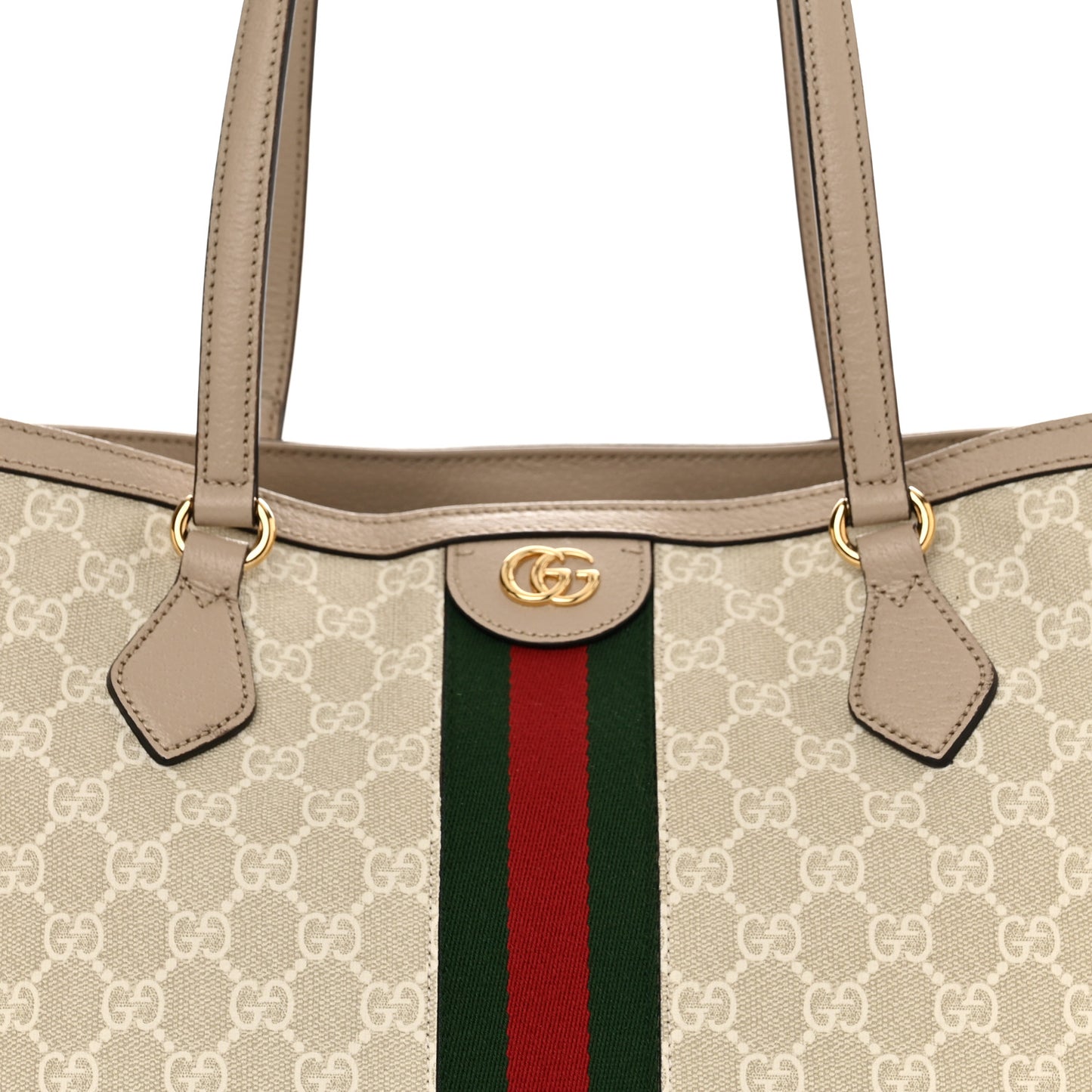 GG Supreme Monogram Textured Dollar Calfskin Web Medium Ophidia Shopping Tote Beige Mystic White Oatmeal