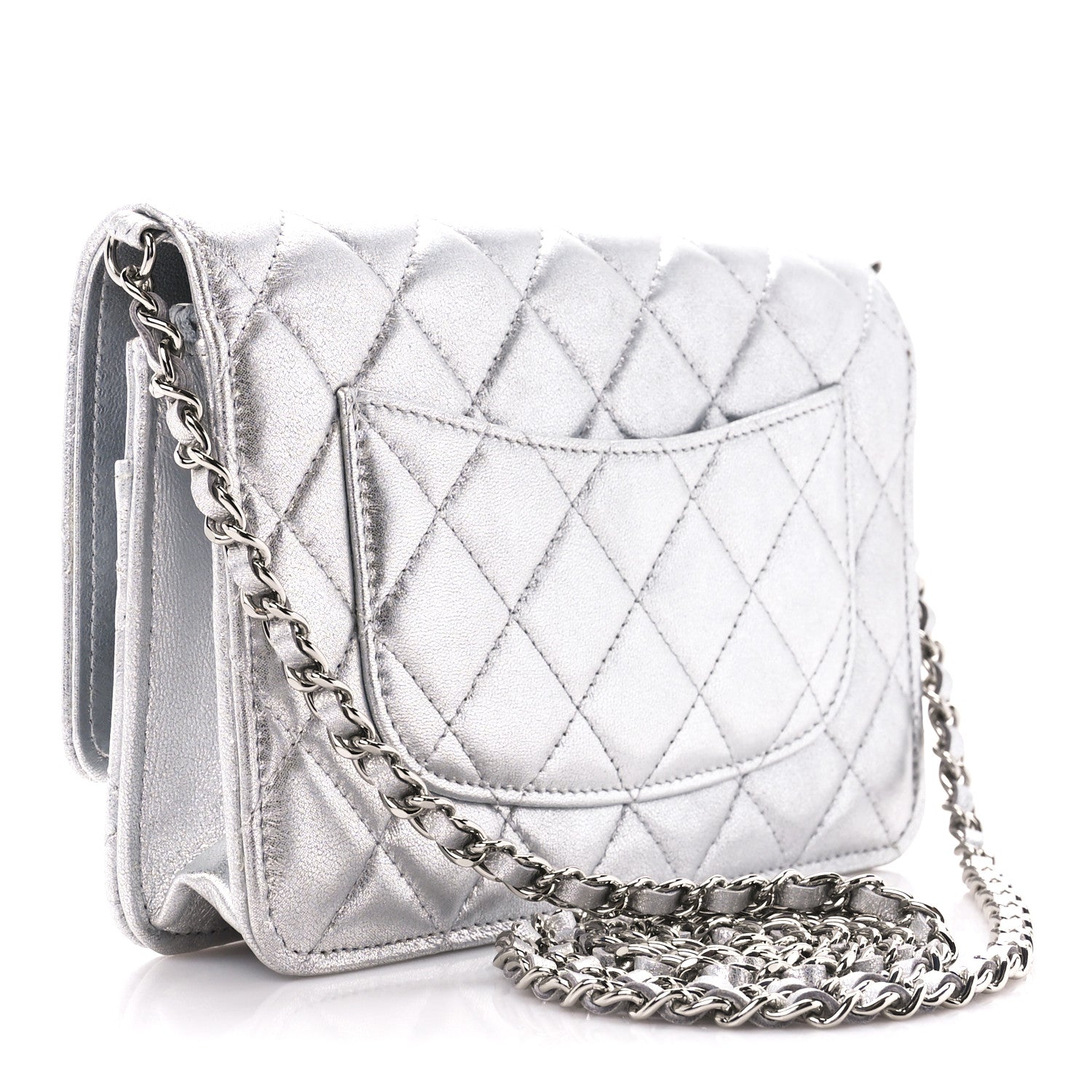 Chanel Metallic Lambskin Quilted Wallet On Chain WOC Silver 4 of 13