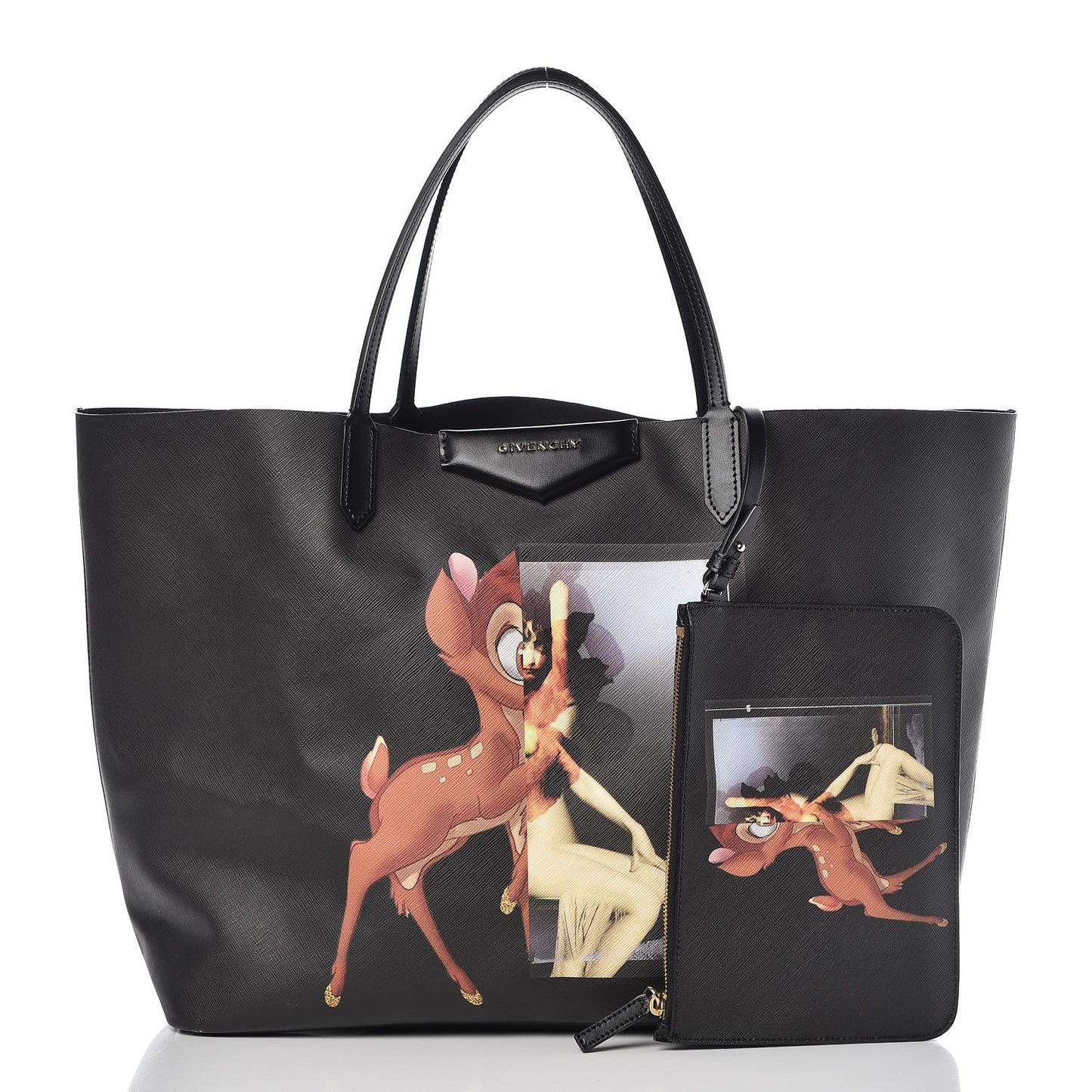 Textured Coated Canvas Bambi Print Large Antigona Tote Black