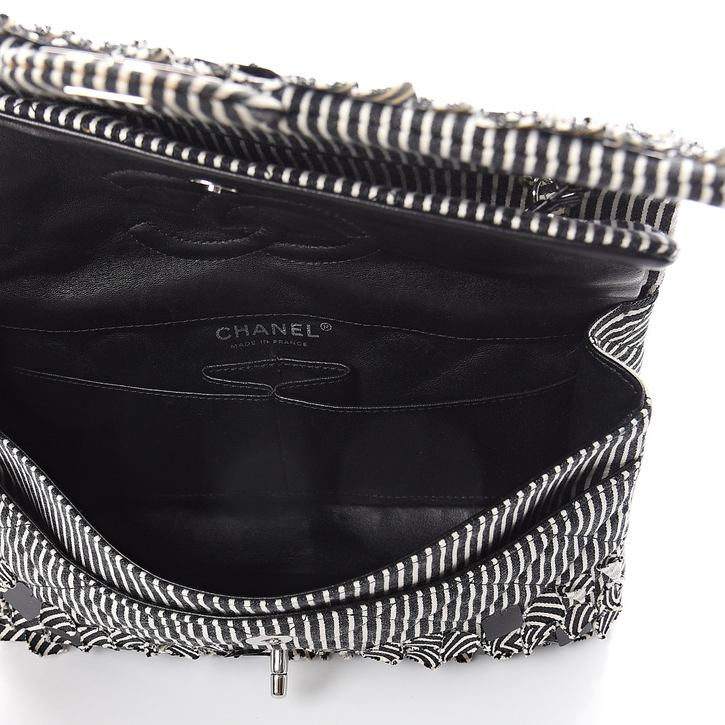 Canvas Sequin Stripe Medium Double Flap Black White