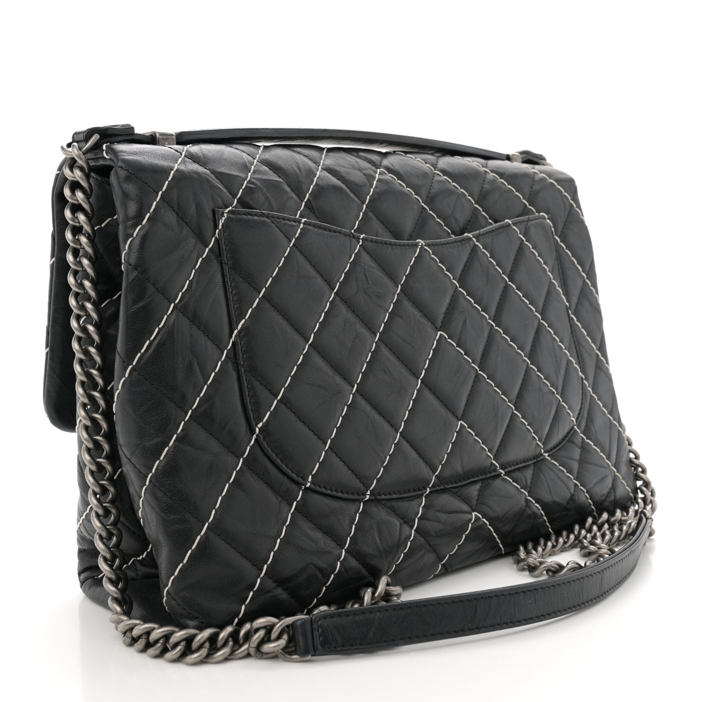 Aged Calfskin Chevron Stitched Quilted Flap Black