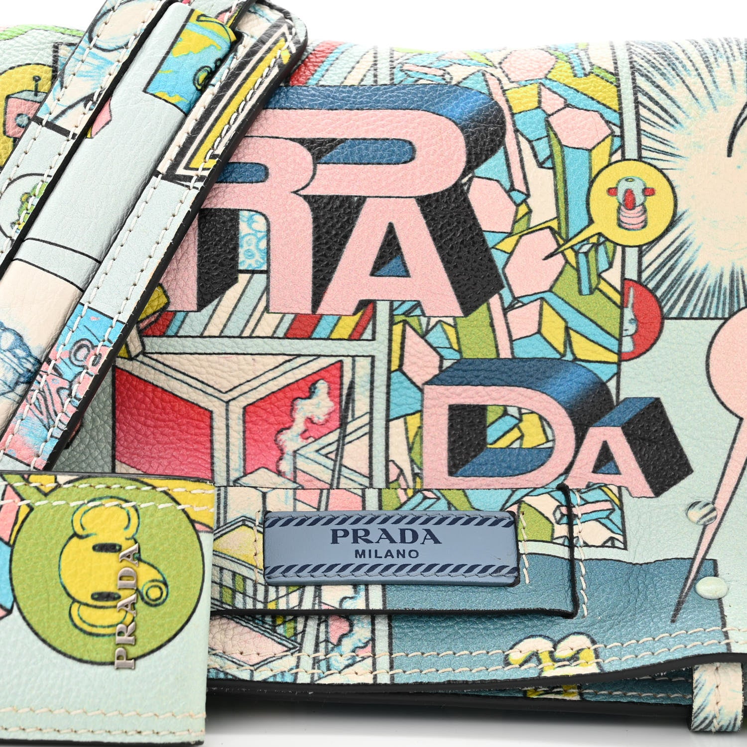 Prada X JAMES JEAN Glace Calfskin Comic Print Small Etiquette Flap Cielo Astral 7 of 9