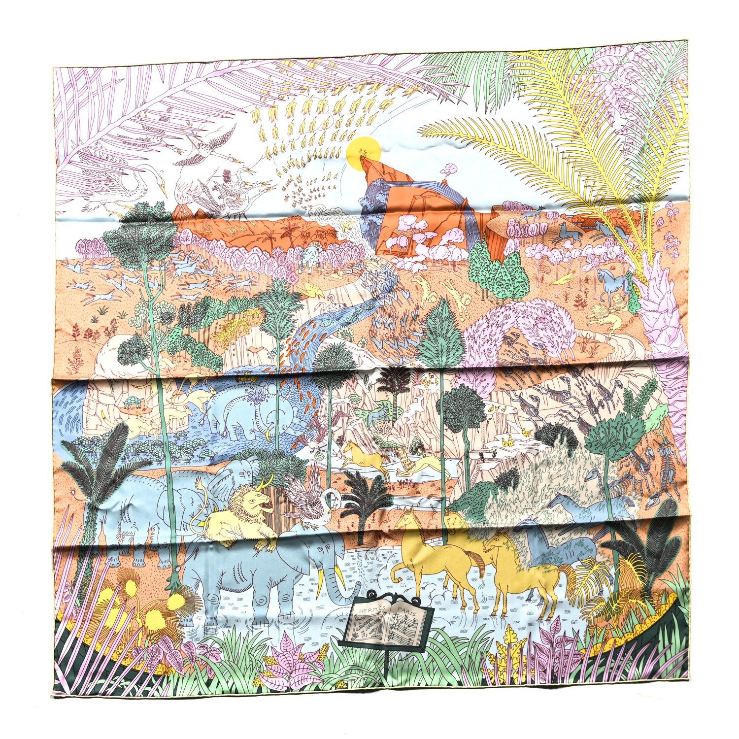 Hermes Silk Le Carnaval des Animaux Scarf 90 Aqua Vert Jaune 1 of 6