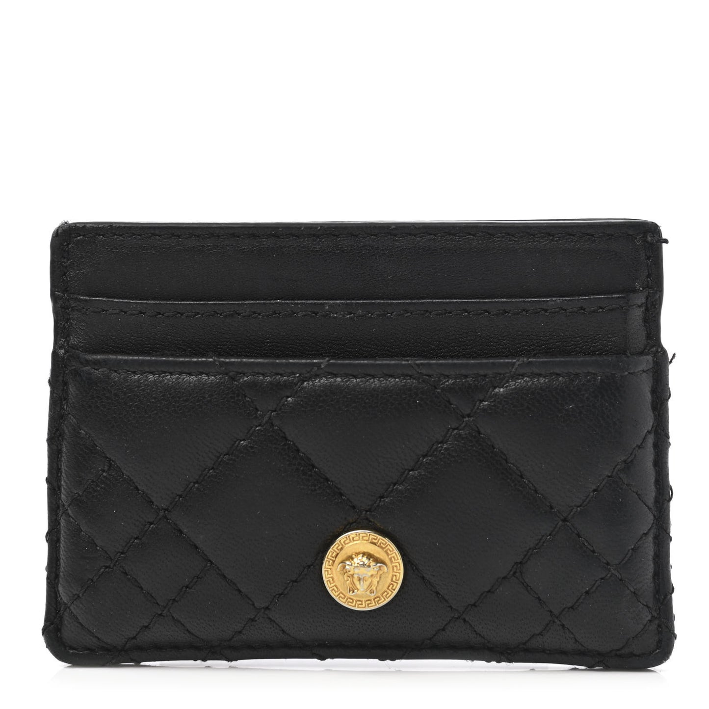 Calfskin Quilted Medusa Card Holder Black