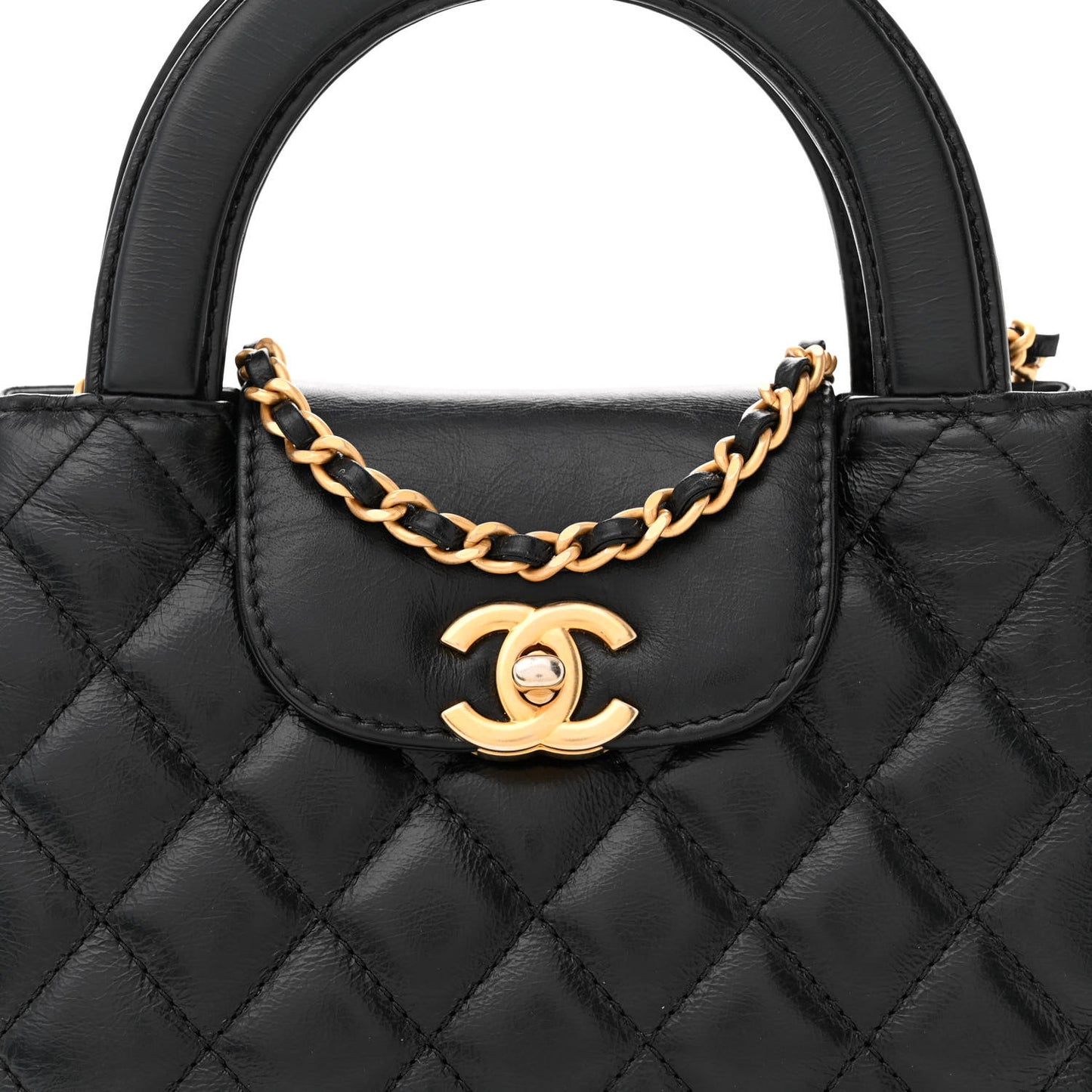 Shiny Aged Calfskin Quilted Nano Kelly Shopper Black