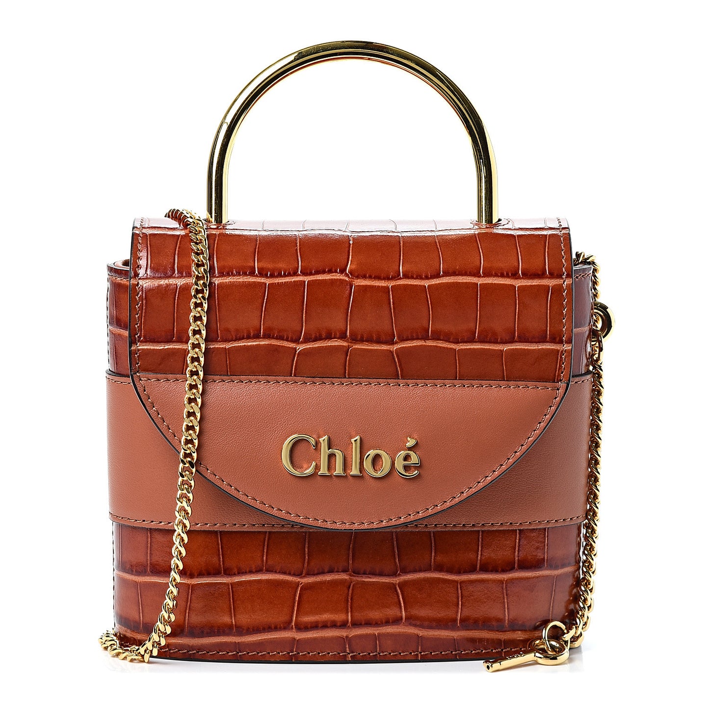 Calfskin Crocodile Embossed Small Aby Lock Chestnut Brown