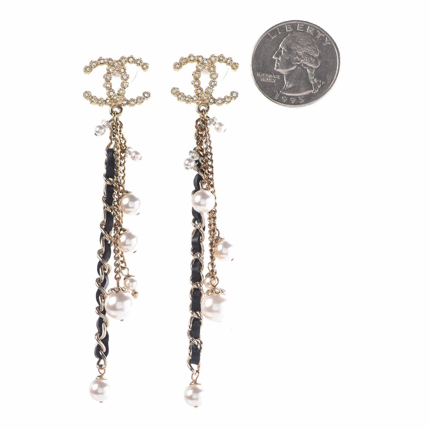 Pearl Crystal Lambskin Chain CC Dangle Earrings Gold