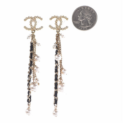 Chanel Pearl Crystal Lambskin Chain CC Dangle Earrings Gold 2 of 4