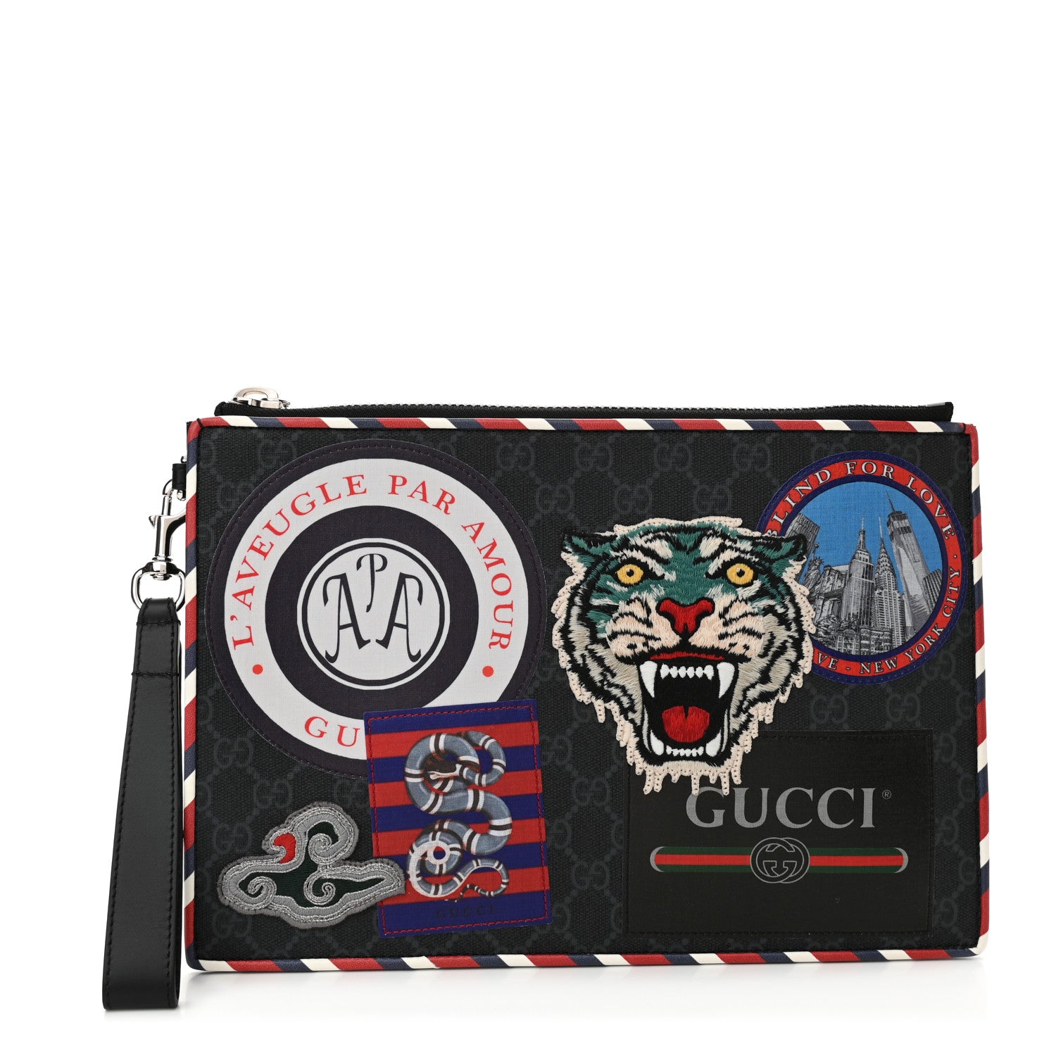 Gucci GG Supreme Monogram Night Courrier Zip Wristlet Pouch Black Multicolor 1 of 7