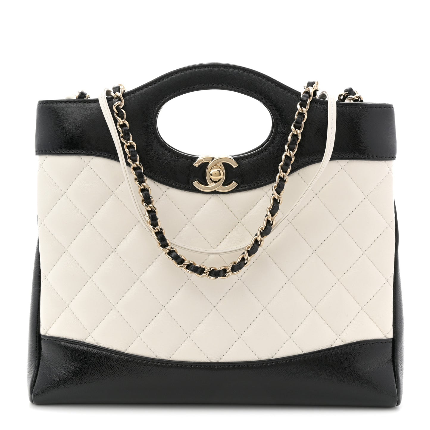 Patent Calfskin Quilted Mini 31 Shopping Bag White Black