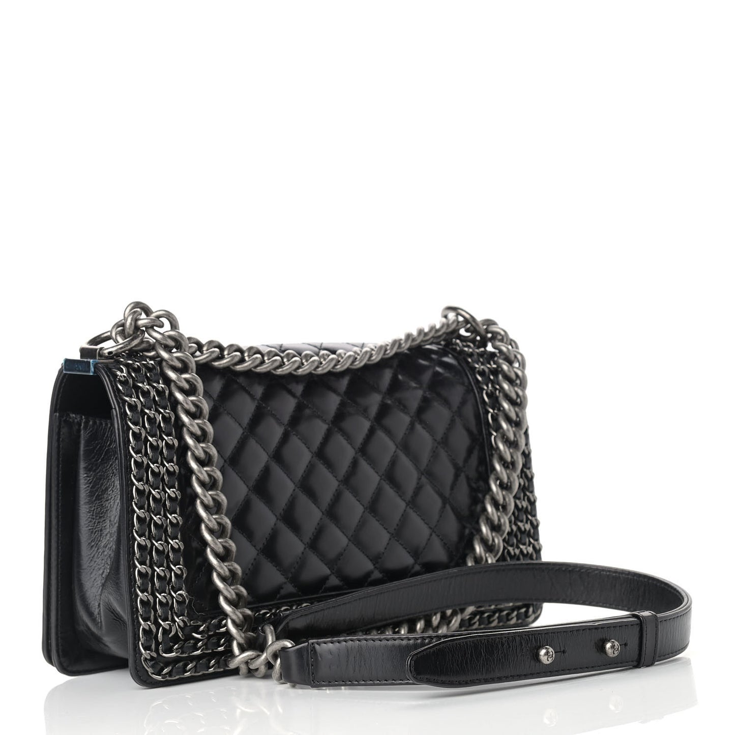 Glazed Calfskin Quilted Medium Boy Chained Flap Black
