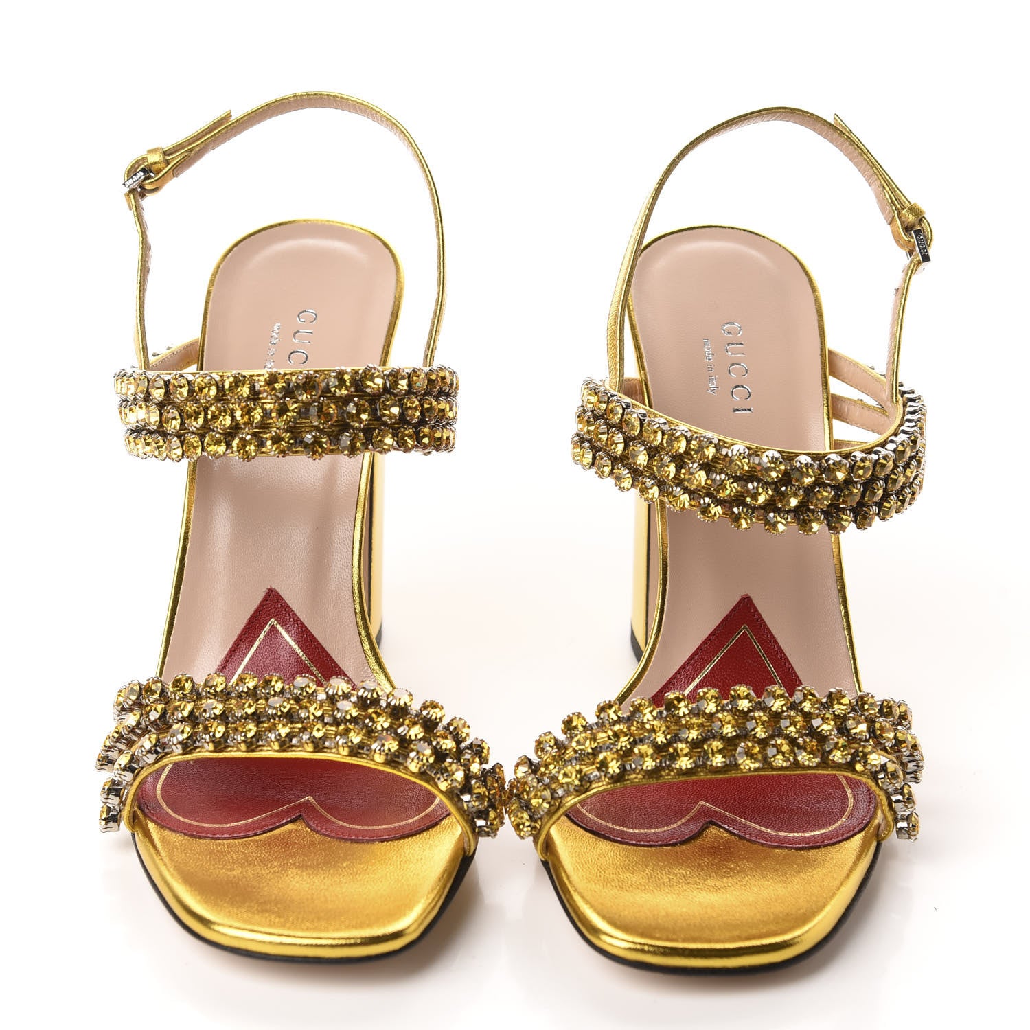 Gucci Nappa Silk Crystal Bertie High Heel Sandals 37.5 Gold 2 of 9