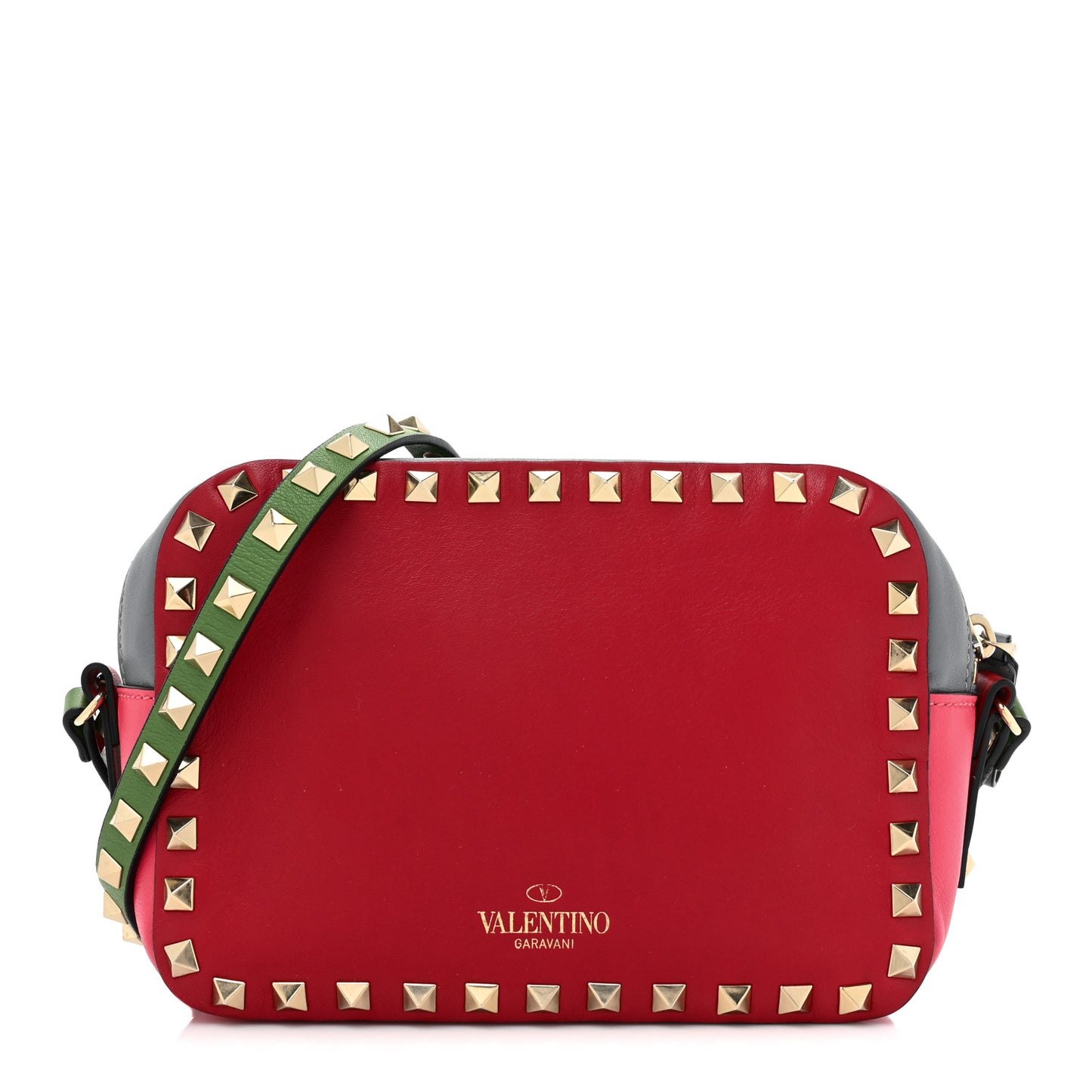 Vitello Colorblock Rockstud Camera Crossbody Bag Deep Rose Clover