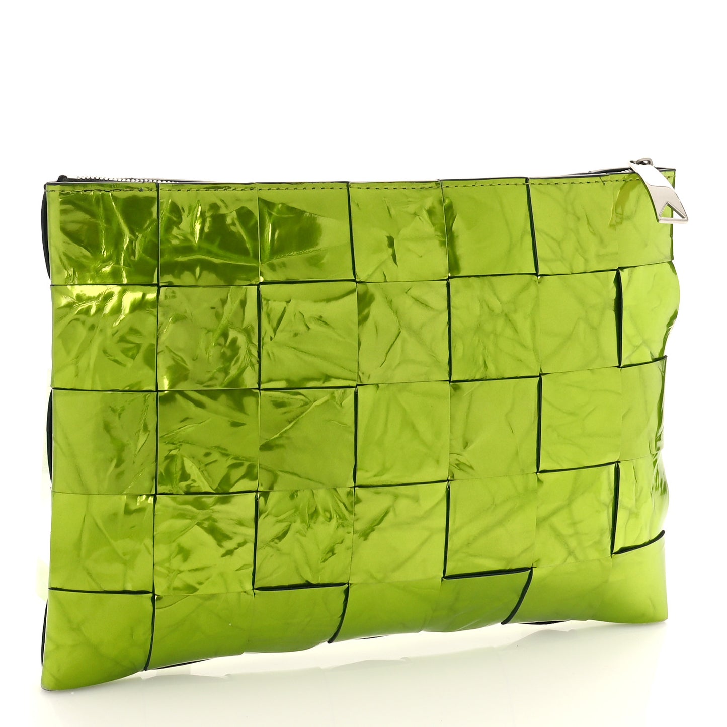 Metallic Crushed Calfskin Maxi Intrecciato Borsa Pouch Chlorophyll