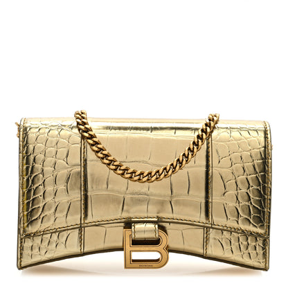 Balenciaga Metallic Calfskin Crocodile Embossed Hourglass Chain Bag Gold 1 of 9