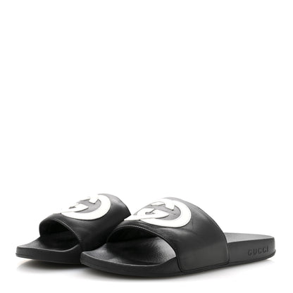 Gucci Nappa Miro Soft Calfskin Womens Interlocking G Slide Sandals 38 Black White 4 of 11