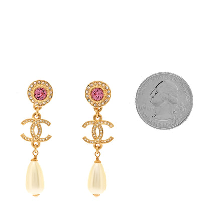 Chanel Metal Crystal Pearl CC Drop Earrings Gold Pink White 2 of 5