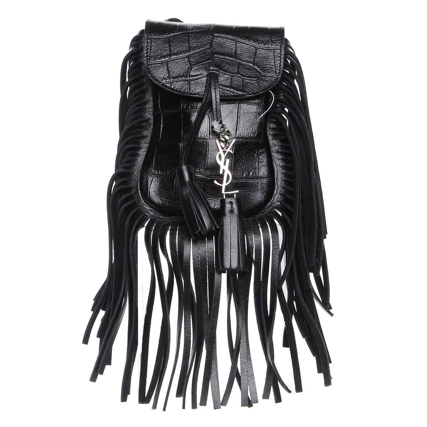 Saint Laurent Calfskin Crocodile Embossed Fringe Toy Monogram Anita Crossbody Bag Black 1 of 7