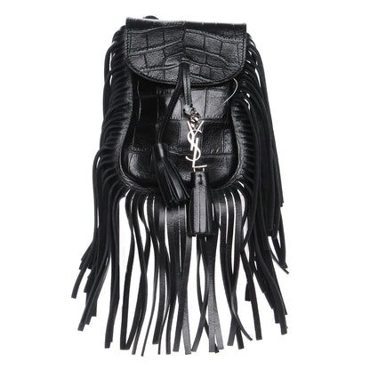 Saint Laurent Calfskin Crocodile Embossed Fringe Toy Monogram Anita Crossbody Bag Black 1 of 7