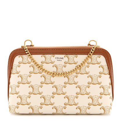 Celine Lambskin Triomphe Canvas Clutch With Chain White Tan 1 of 10