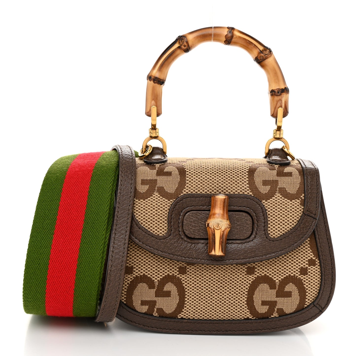 Monogram Jumbo GG Textured Dollar Calfskin Web Mini Bamboo 1947 Top Handle Bag Camel Ebony New Acero