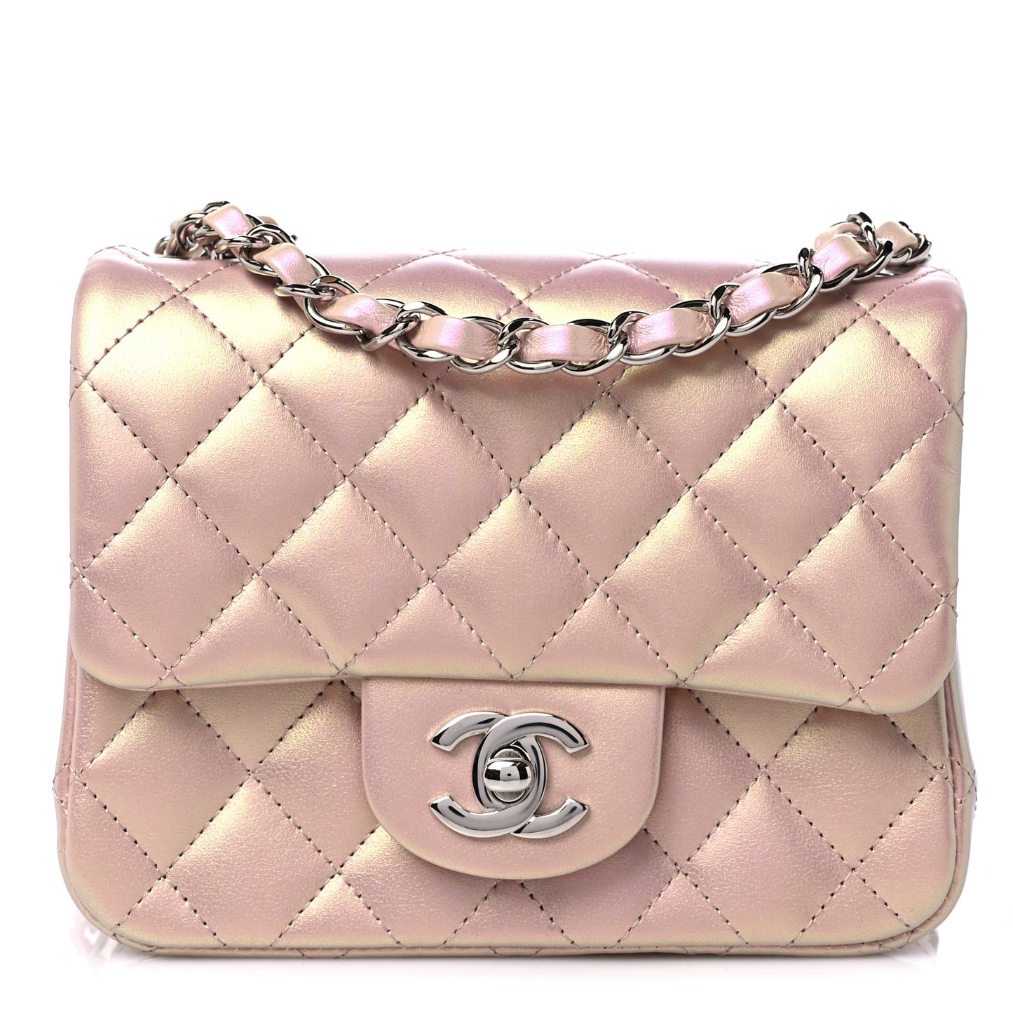 Iridescent Calfskin Quilted Mini Square Flap Pink